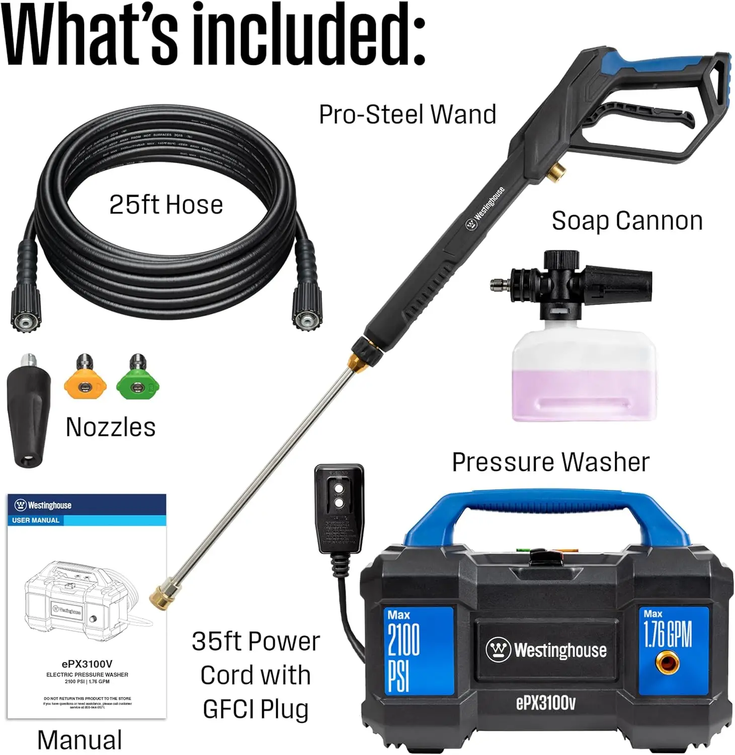 Electric Pressure Washer, 2100 Max PSI 1.76 Max GPM, Built-in Carry Handle, Detachable Foam Cannon