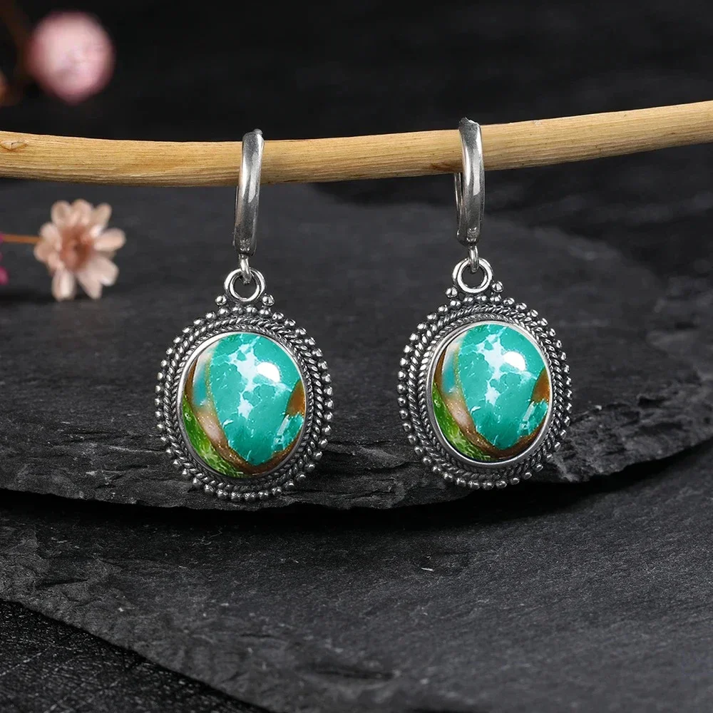 925 Sterling Silver Earrings Vintage Oval Kyanite Women\'s Gemstone Fine Jewelry Party Engagement Gift Hoop Earrings