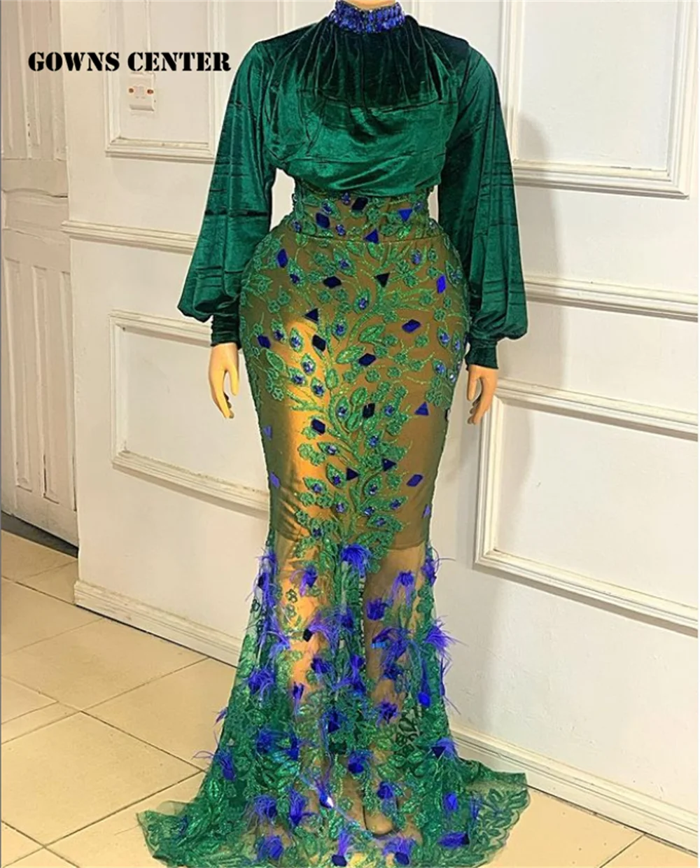 Vestidos de Noche Aso Ebi de sirena de terciopelo verde, manga abombada africana, boda, pluma azul real, pieza de lentejuelas, vestido Formal personalizado