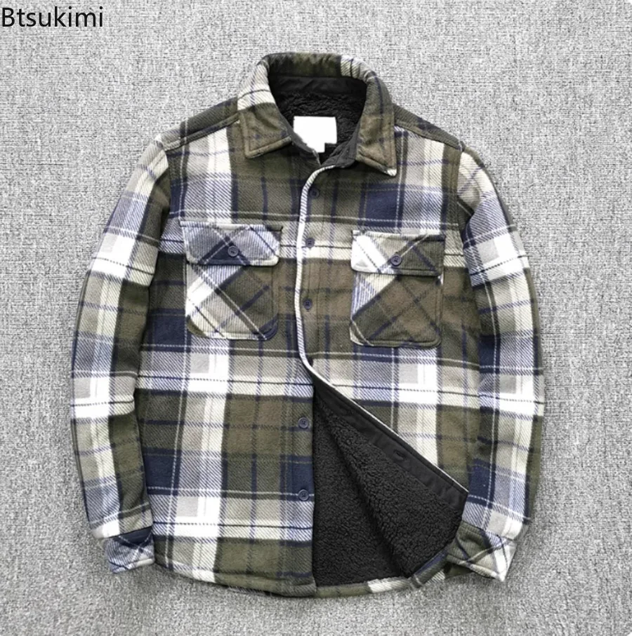 Mens Winter Fleece Linend Warm Plaid Shirt Jacket Casual Long Sleeve Flannel Checked Shirt Men Outdoor Leisure Wram Jacketcoat