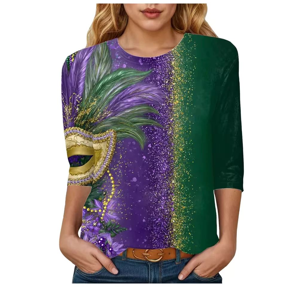 

Women Fashion Round Neck Printed Top Basic Three Quarter Sleeve T Shirt Top Women'S Striped Shirts Carnival Club Party Tee