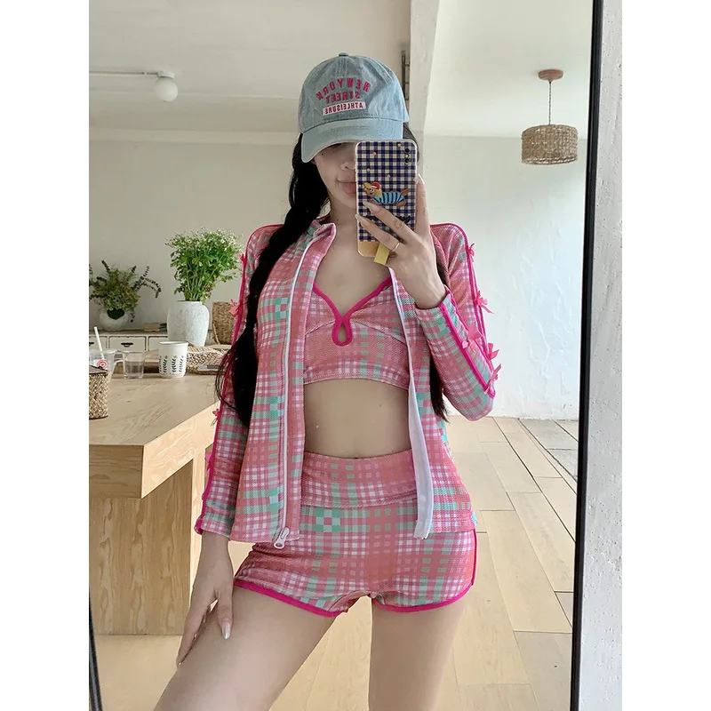 Sweet Girl Plaid Pure Desire Small Fragrant Wind Conservative Long Sleeved Outer Shirt Split 3-Piece Set Flat Corner Swimsuit