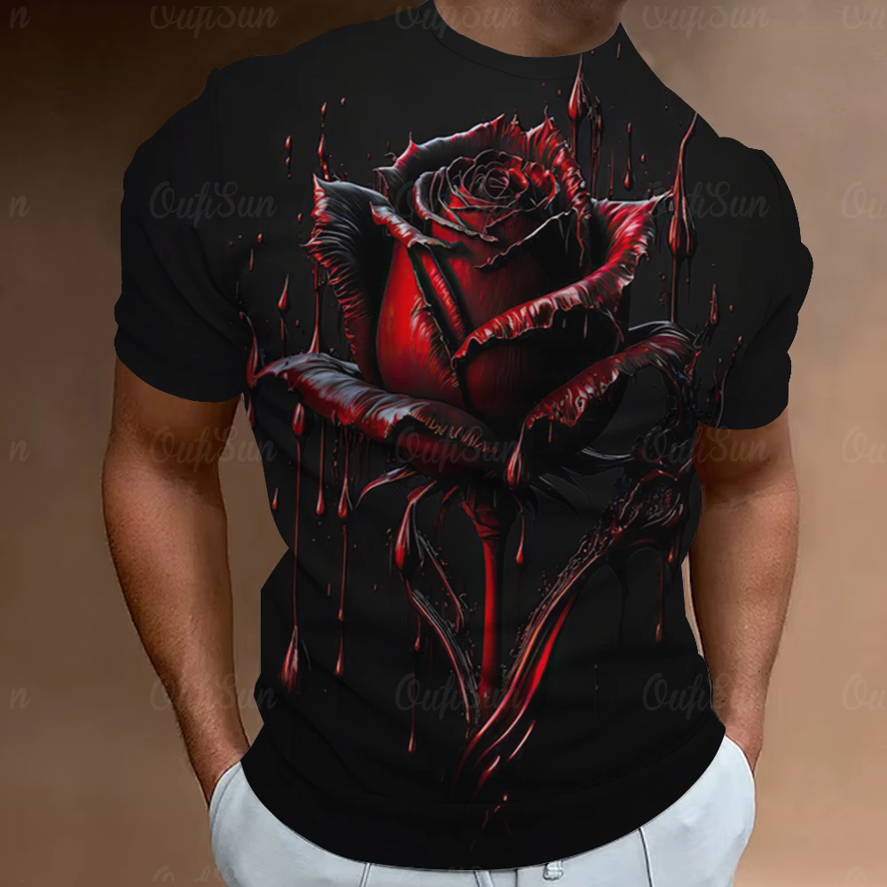 Men's fashion T-shirt,3D floral printed short sleeved T-shirt,rose street casual T-shirt,streetwear men's clothing