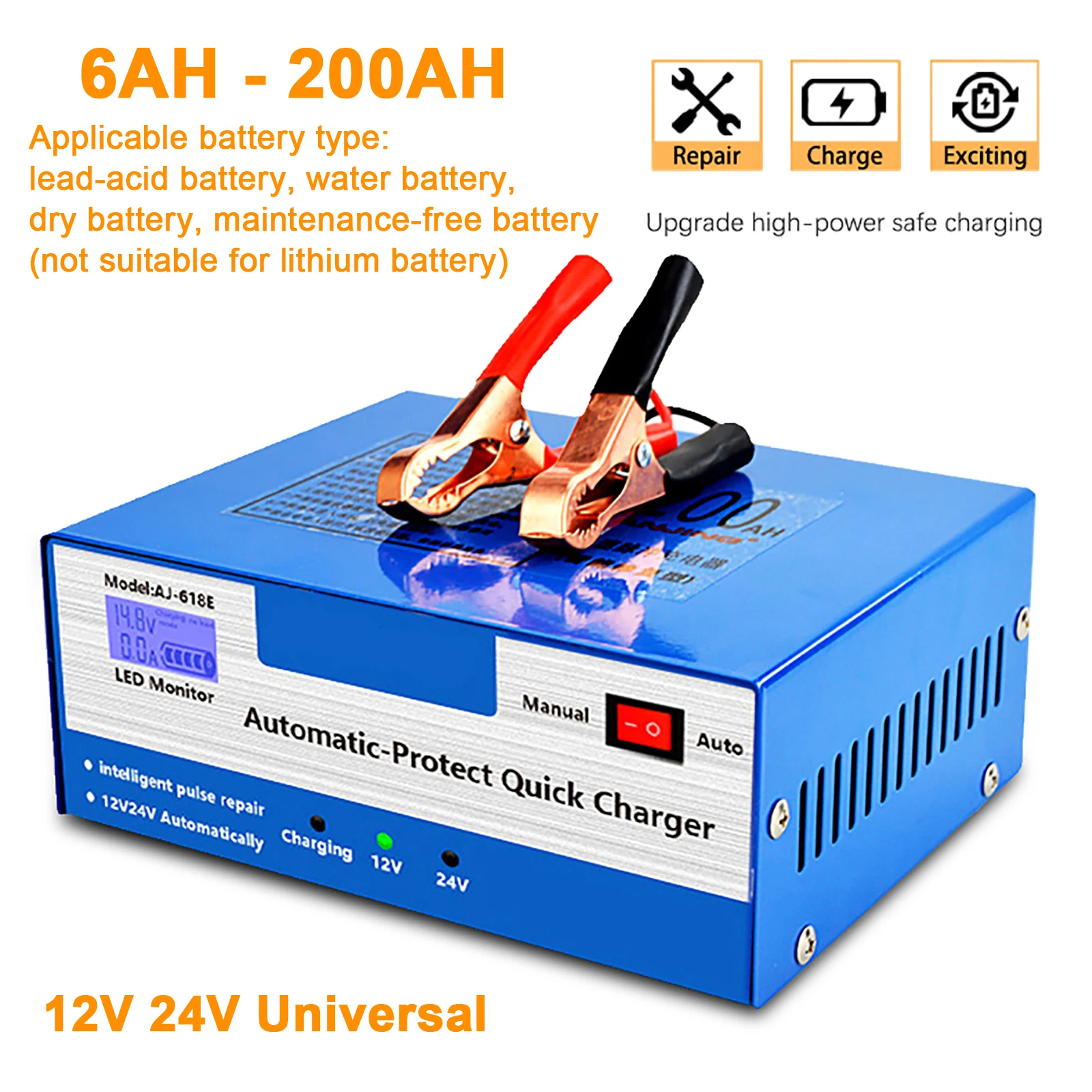 

12V 24V Car Battery Charger 200AH Automatic Intelligent Pulse Repair Charger for Car Motorcycle Lead Acid Battery Agm Gel Wet