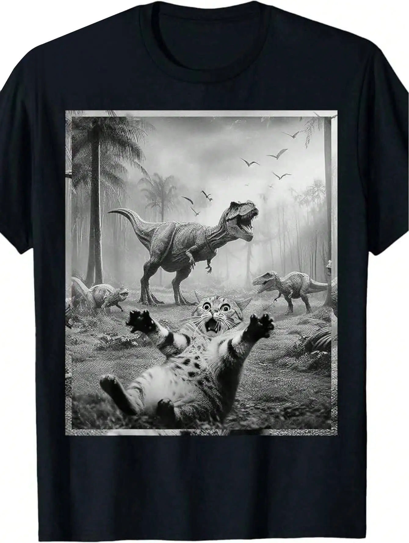 Men's Funny Cat & T-Rex Dinosaur Graphic Tee - Soft Cotton, Short Sleeve,Black Retro Style Shirt For All Seasons, 100% Cotton