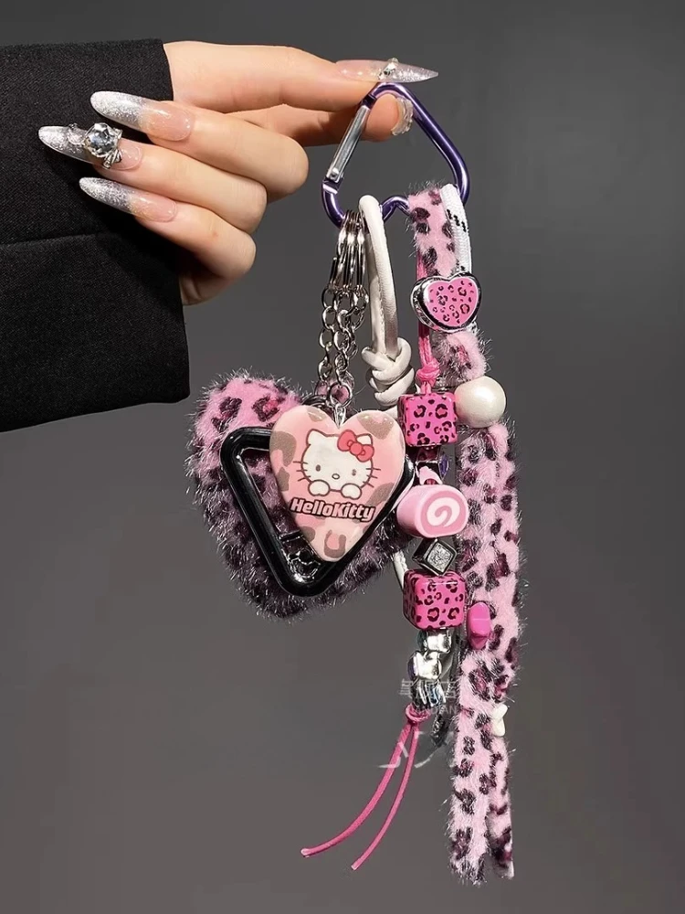 مرحبا كيتي المفاتيح اليدوية حقيبة قلادة ليوبارد القلب أفخم دمية على ظهره سماعة حقيبة اكسسوارات الديكور للنساء الفتيات