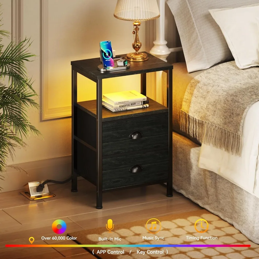 

Nightstands Set of 2, End Tables w/Charging Station and LED Lights,Night Stands with 2 Fabric Drawers, Bedside Tables Set of 2