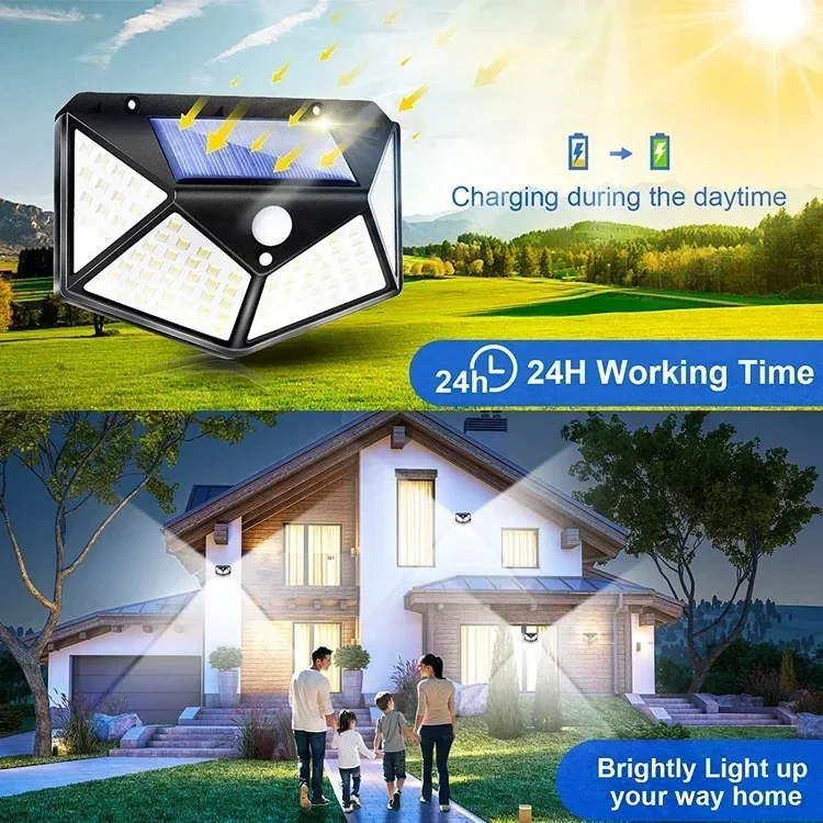 LED Solar Wall Light com sensor de movimento PIR, lâmpada ao ar livre, luz solar alimentada, lâmpadas de rua, decoração do jardim, 100 LEDs, 1 Pc,