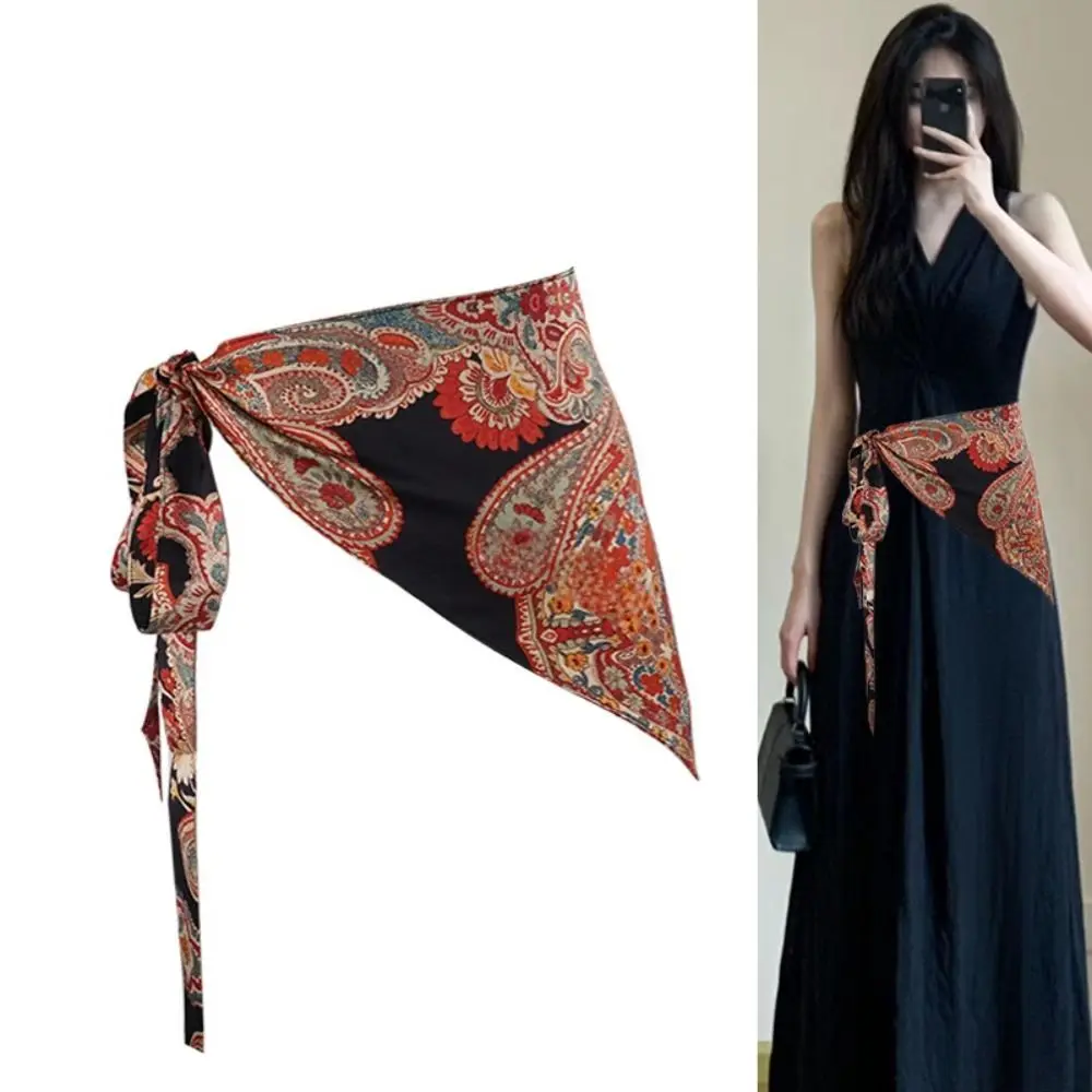 Sabuk Syal Segitiga Gaya Etnik Bohemian Ikat Pinggang Kain Cummerbund Indah Bunga untuk Mantel Jeans Gaun Rok Pakaian