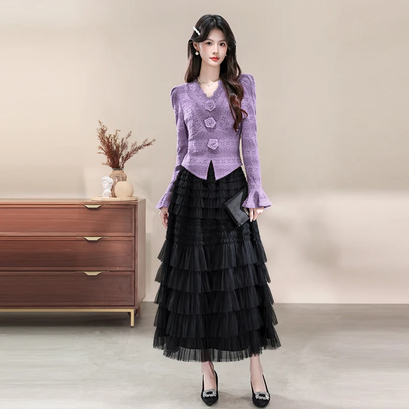 

European Korean Style V-Neck Long Sleeve Lace Top High Waist Tulle Cake Half Skirt Two-Piece Set for Young Women