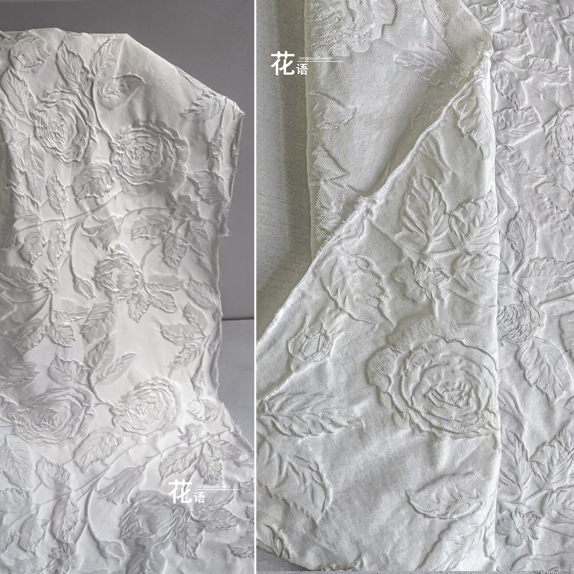 White Rose Polyester Jacquard Designer Fabric Dimensional Floral Relief Texture for Creative Projects and Costume Making
