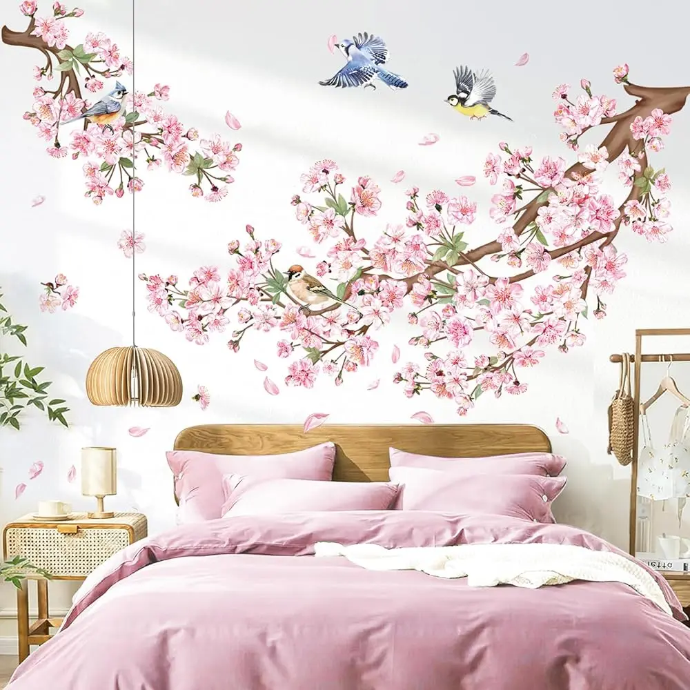 

Cherry Blossom Branch Wall Decals Pink Floral Birds Wall Stickers Bedroom Living Room Sofa Tv Background Wall Decor