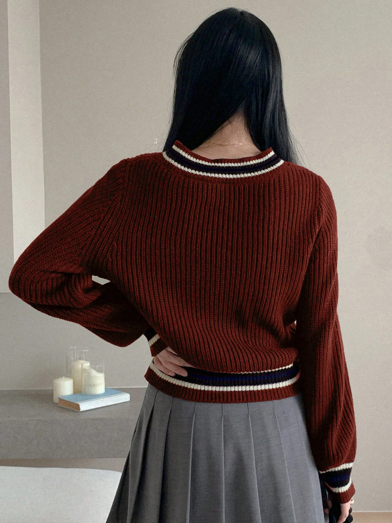 Women's Burgundy Striped Trim Knit Sweater V-Neck Puff Sleeve Cropped Preppy Top for Casual Wear