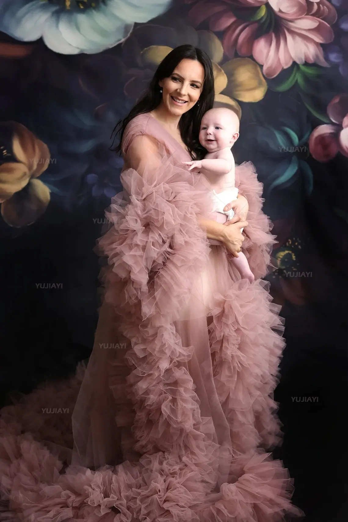 Tulle Vintage Maternity Dress Photoshoot Ruffles Bridal Robe Long Kimono Sheer Fluffy Wedding Dressing Gown Nightgown Sleepwear