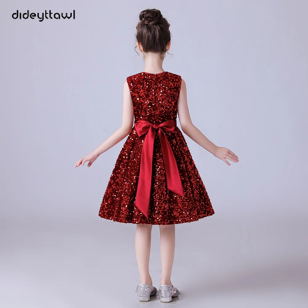 Dideyttawl vestido de desfile de fiesta de cumpleaños de flores para niñas, vestidos de lentejuelas de dama de honor de boda con lazo, hasta la rodilla, princesa