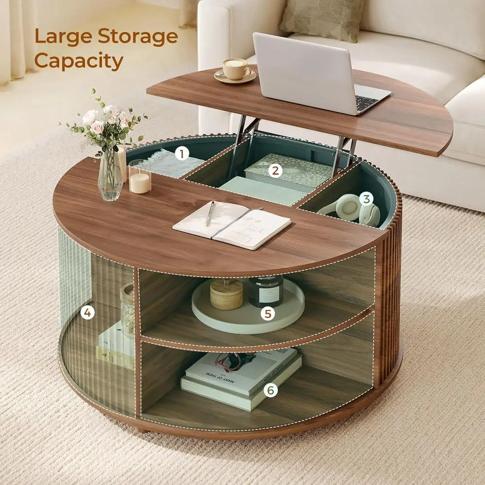 Walnut Curved Sliding Door Coffee Table with Hidden Storage for Living Room & Office, 34.6 Modern Design