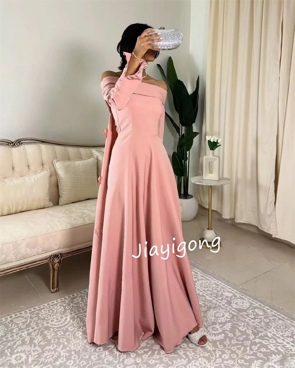 Customized Formal Jersey Button Pleat Applique A-line Boat Neck Long Dresses Bespoke Occasion Fashion Matching