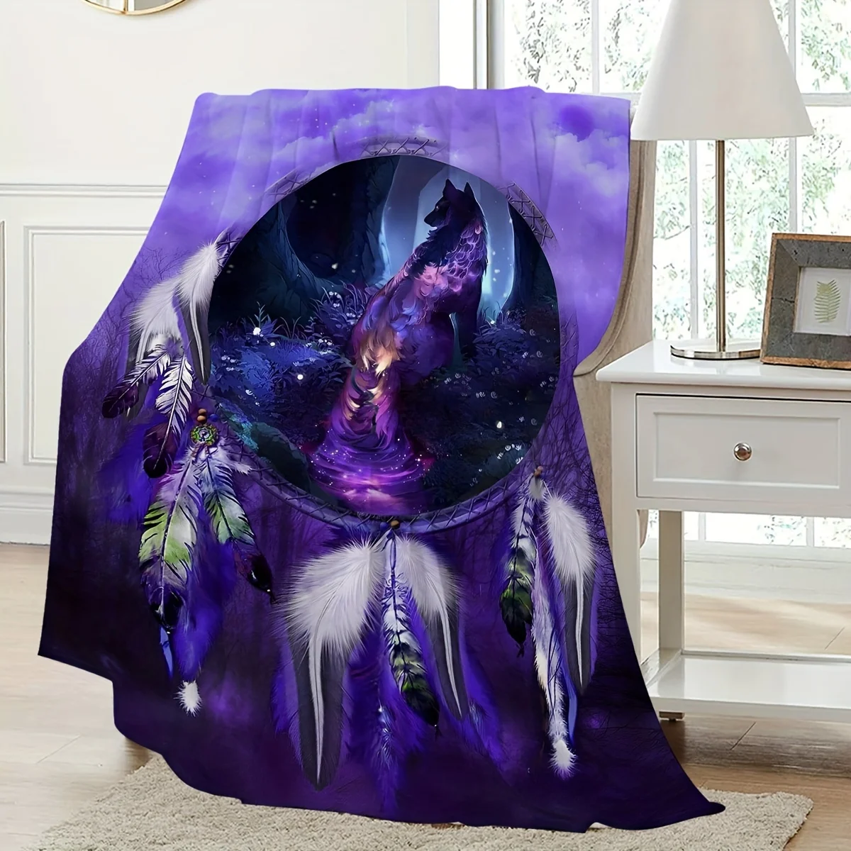 1pc Flannel Creative Dreamcatcher Wolf Tail Print Blanket, Comfortable and Soft, Suitable for Adults and Children, Multiple Size