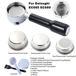 51mm Coffee Bottomless Portafilter For Delonghi EC680 EC685 Pressurized Filter Basket Espresso Machine Handle Cafe Accessories