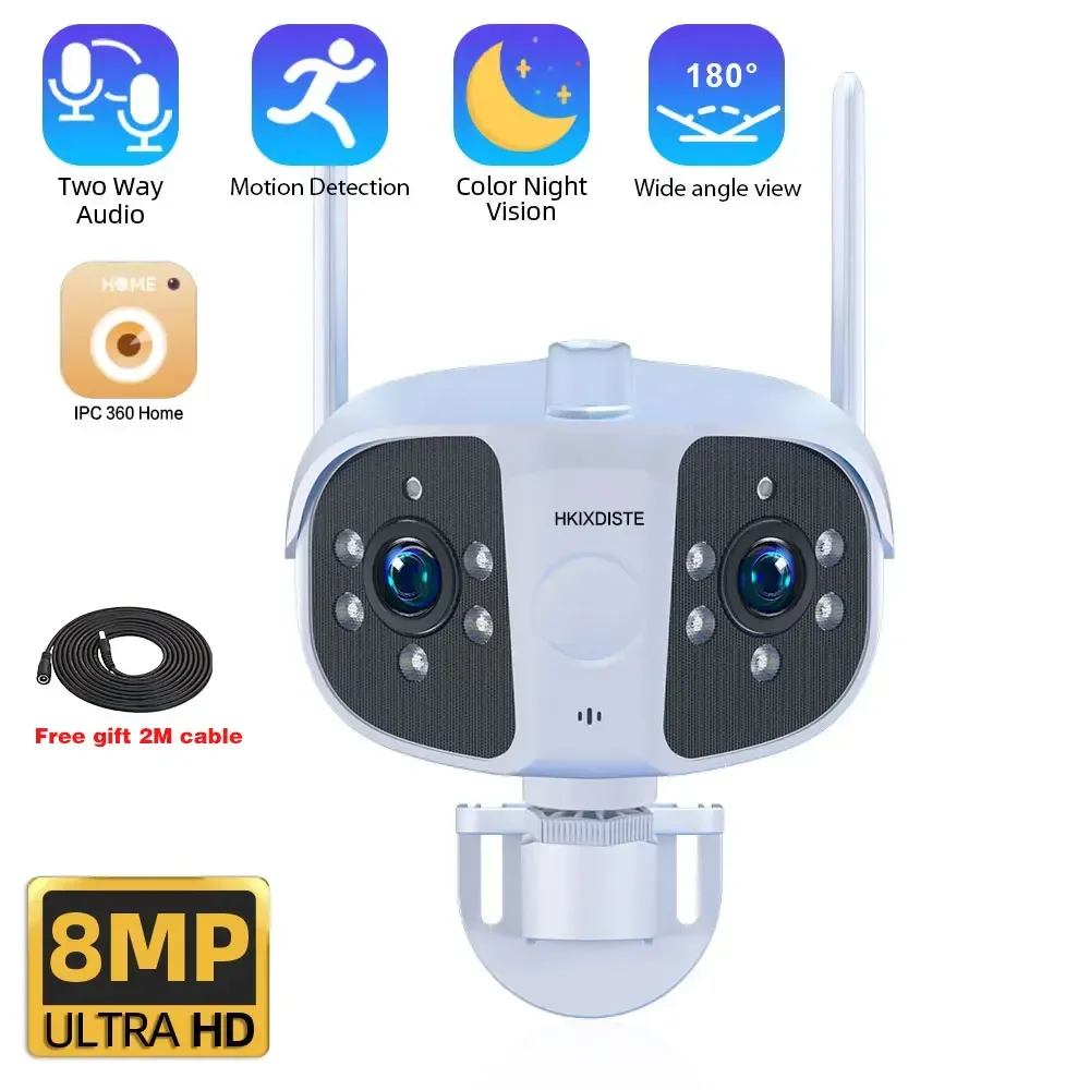 8MP 4K Dual Lens Ultra wide angle 180° Wifi IP Camera Outdoor 4MP Full Color Night Vision Ai Human Detect Security Surveillance