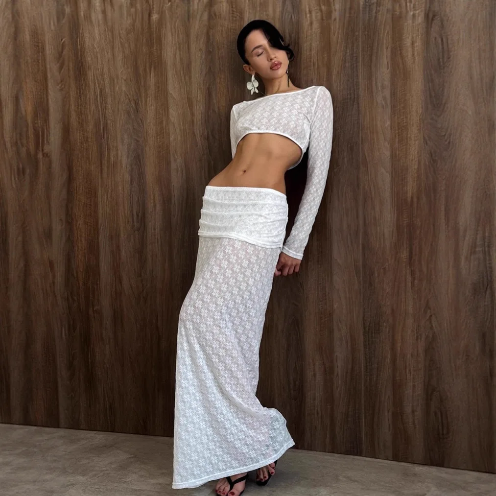 

Сексуальное кружевное осеннее женское комплект из 2 предметов, белое пальто с круглым вырезом и длинными рукавами для женщин, облегающая женская юбка со средней талией