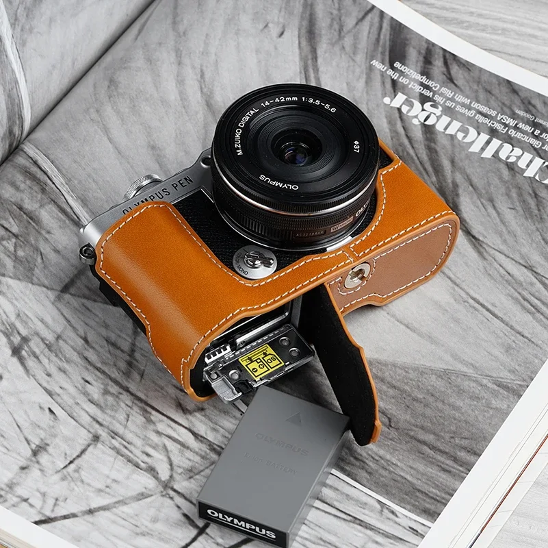 حقيبة نصف كاميرا مصنوعة يدويًا من الجلد الطبيعي ، حقيبة من جلد البقر ، علبة هيكل لقلم أولمبوس EP7 و way ، ملحقات الكاميرا ، جودة عالية