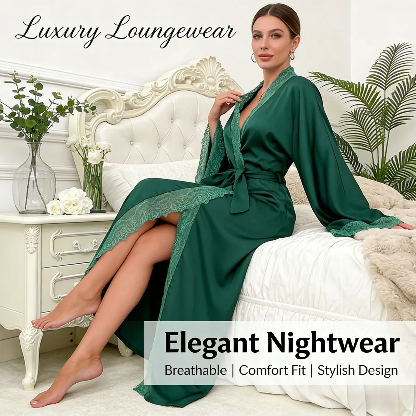 

Satin Cool-feel Lace Robe Long Sleeve Design Women's Pajamas & Loungewear Full Size Available