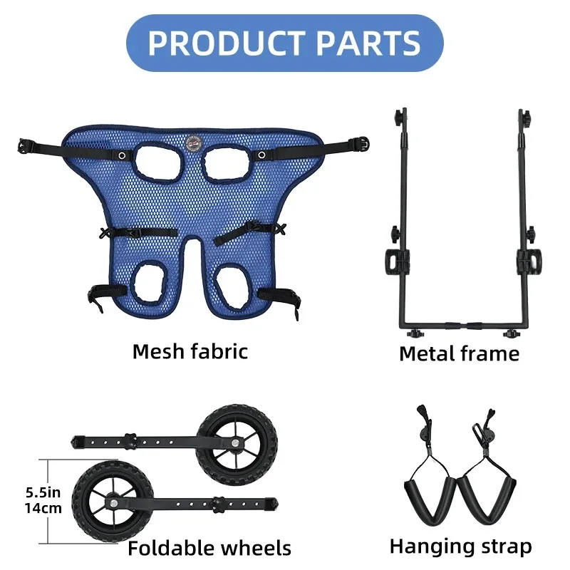 

Adjustable 2-wheel pet chair made of durable polyester for hind leg movement training for disabled elderly pets