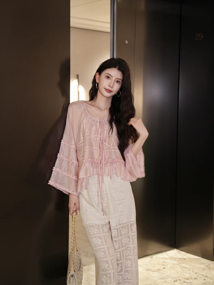 

Lightweight Long Sve Lace Hollow out Pink irt Women's Spring Faion KingUsefulNatual Breathable Polyester round Ne Top