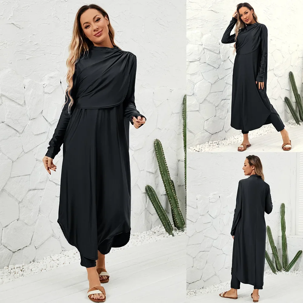 Femme musulman burkinis muçulmano feminino 3 peça conjunto de banho islam árabe hijab nadar robe calças maiô conservador maillot de bain