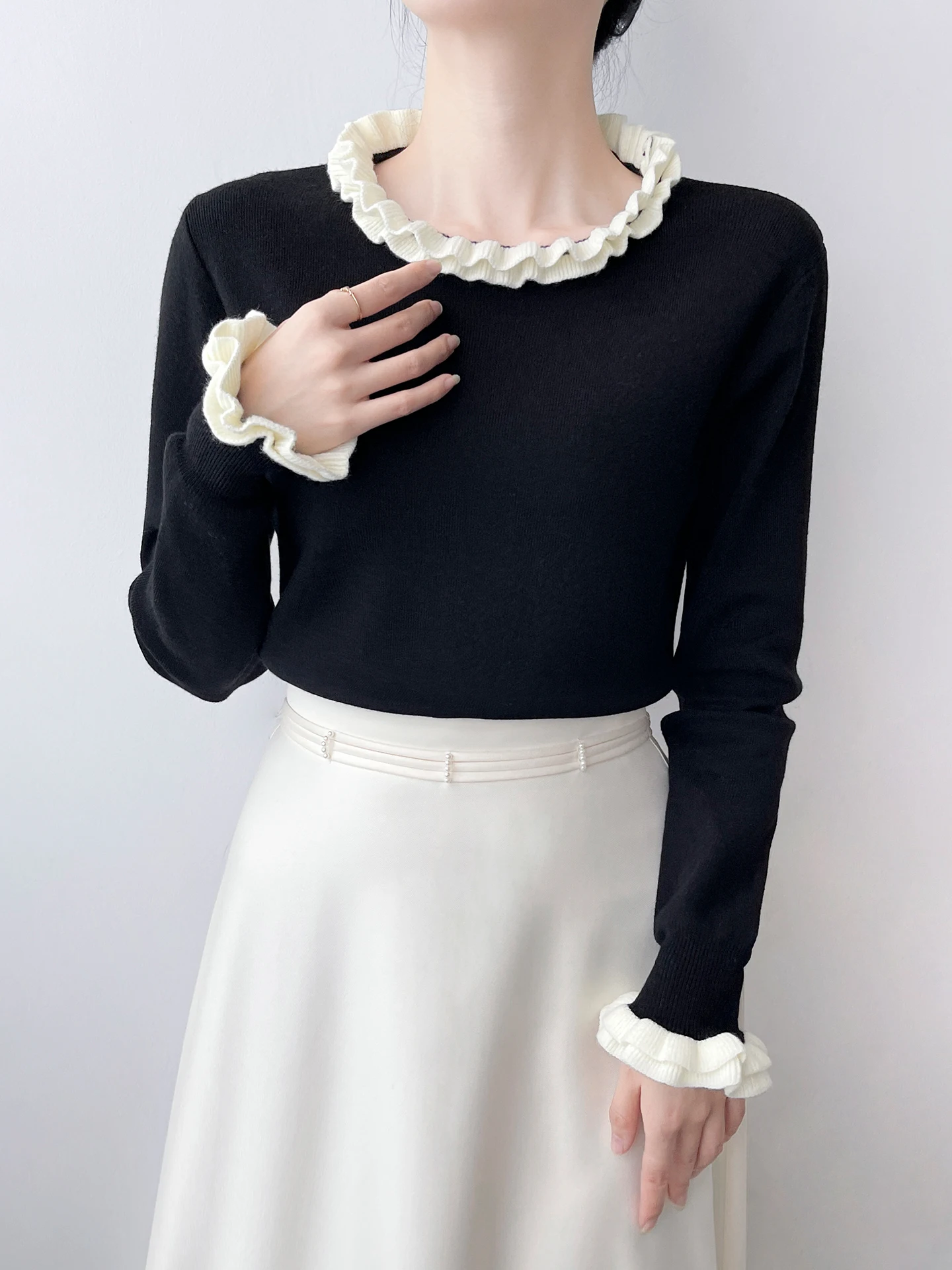 

Корейский трикотажный топ с длинным рукавом для женщин, весенняя базовая модель, повседневный универсальный топ с цветными блоками