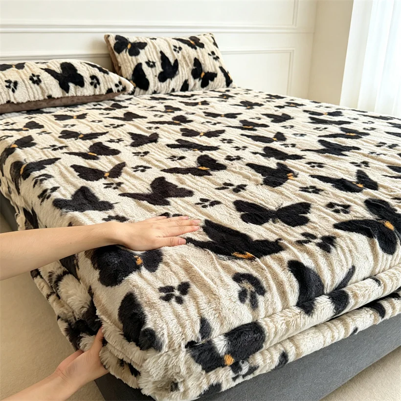 Soft Fluffy Butterfly Print Plush Fitted Sheet Thick Warm Shaggy Mattress Protector Cover Velvet Fleece Bed Cover Bedding Set