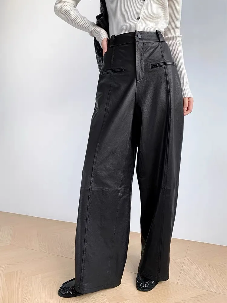 Fashion Mopping Long Pants For Women 102cm  Genuine Leather Sheepskin Classic Female Straight Pipeline Suit Taller Trousers