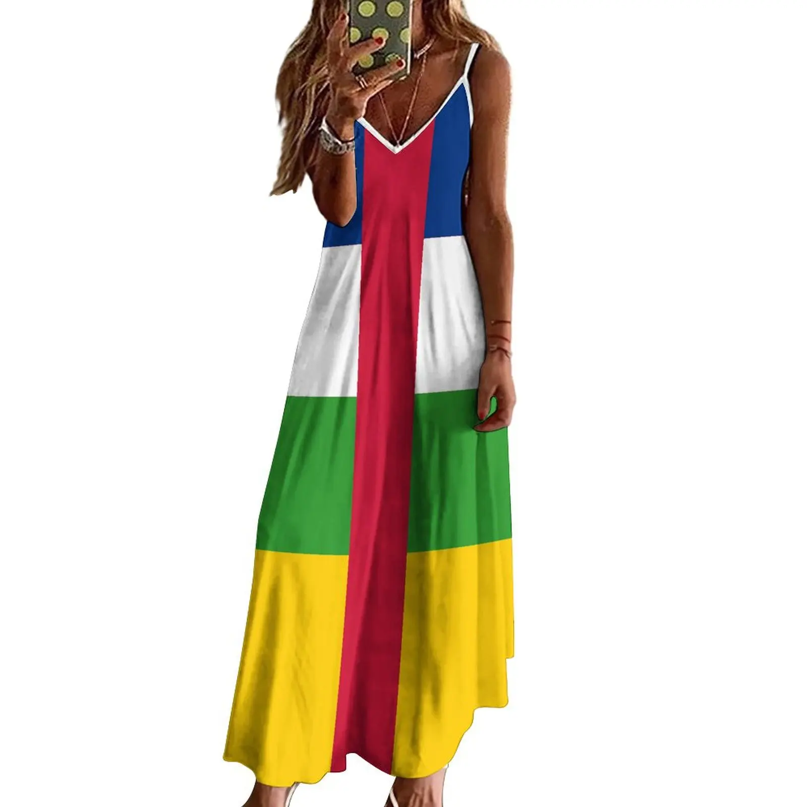 Long Dresses Dress Central African Republic Flag Print New Casual Sleeveless Women\'s V-Neck Printed Dress Swing Retro Dresses