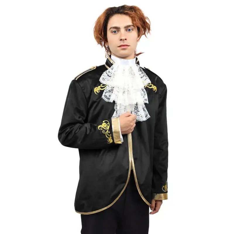 DAZCOS Mens Velvet Embroidery Blazer Medieval Suit Jacket Court Fashion Uniform Victorian Cosplay Ruff Collar Chiffon Mesh Ruffs