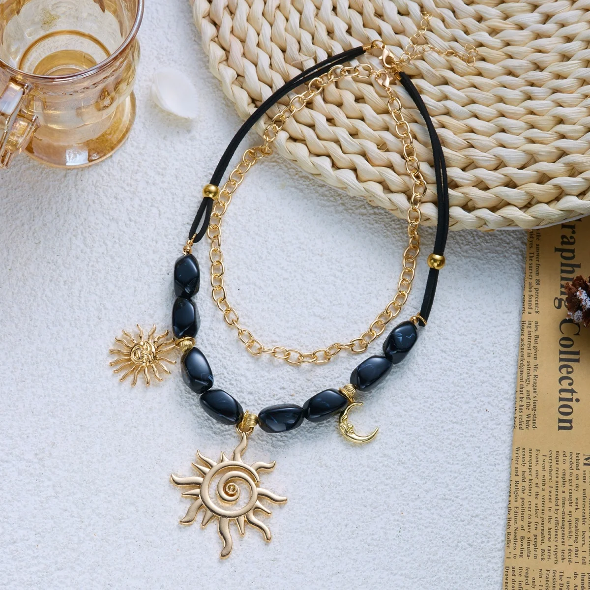 Doppelschichtige Unregelmäßige Schwarze Harzperlen Spiral-Sonne-Mond-Anhänger Halskette für Frauen und Männer Ethnischer Stil Sonnenblumen-Choker Schmuck – Detail 26