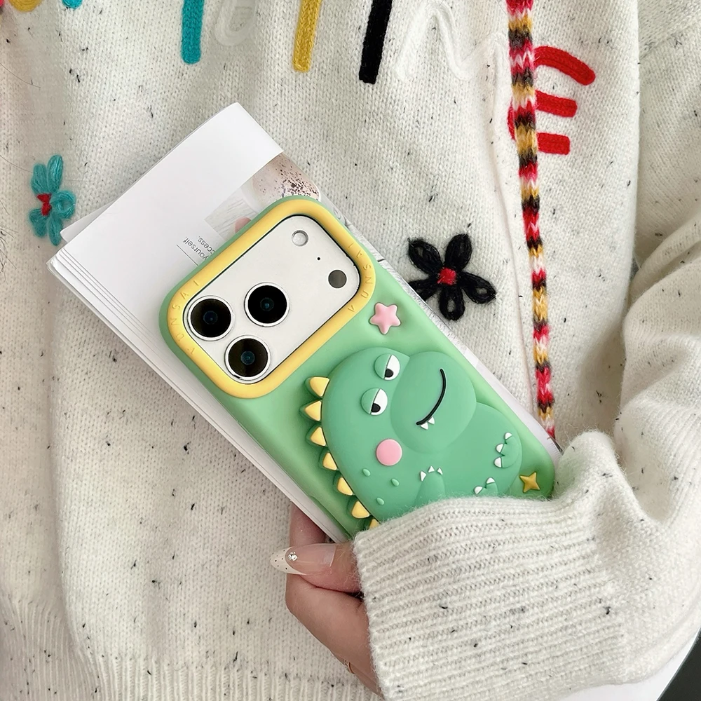 3D Cartoon Dinosaurier Teleskop Halterung Telefon Fall Weiche Silikon Ständer Halter Abdeckung Für iPhone 17 16 Plus 16e 15 14 13 12 Pro Max – Detail 2