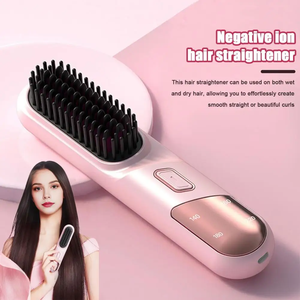 Hair Straightening Brush Cordless Hair Straightener Brush with Adjustable Temperatures Negative Ions for Fluffy Curly Hair