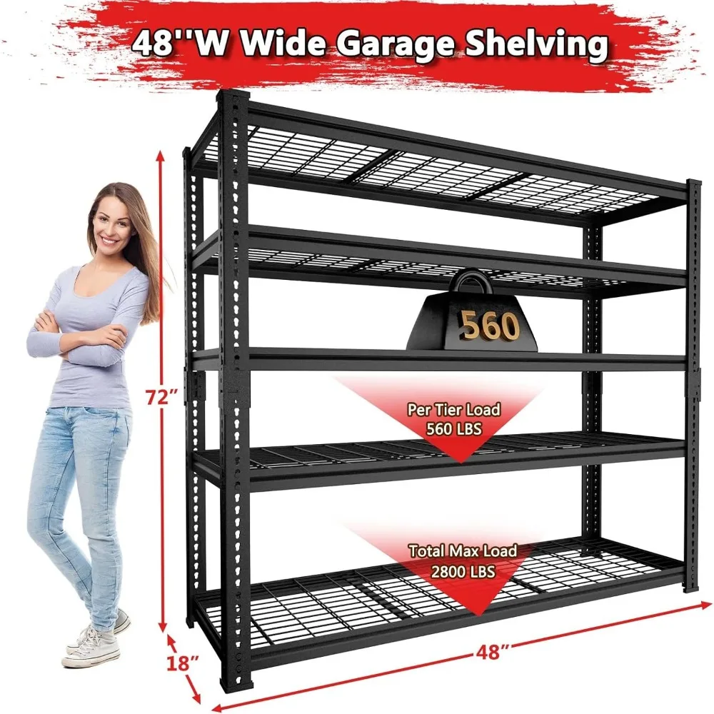 Heavy Duty Adjustable Metal Garage Shelving System - 2800 LBS Capacity, 48 x 18 x 72, 5-Tier Wire Rack Organizer