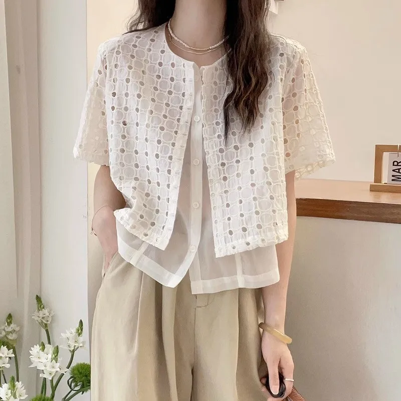 Outlets Brand Foreign Trade Discount Withdraw from Cupboard Fake Two Pieces Patchwork Organza Shirts Women Design Sense Europ...