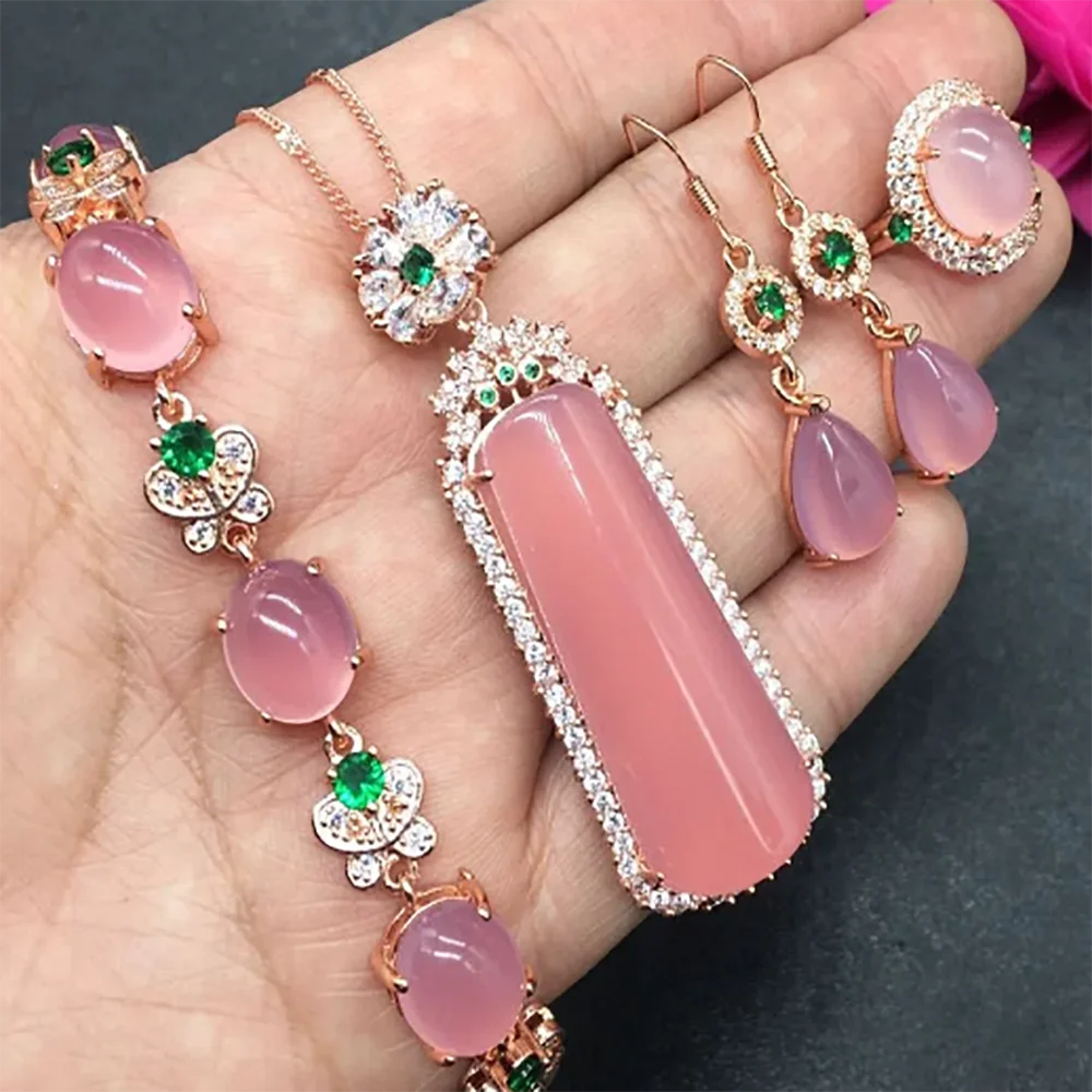 

Pink Jade Jewelry Set Women Fine Jewelry Natural Jades Pendant With Zircon Emerald Necklace Ring Earrings Butterfly Bracelets