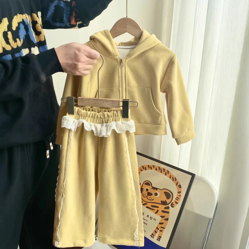

Girls Suit2025Spring New Sports Casual Lace Trim Hooded Sweatshirt Wide-Leg Pants Two-Piece Set