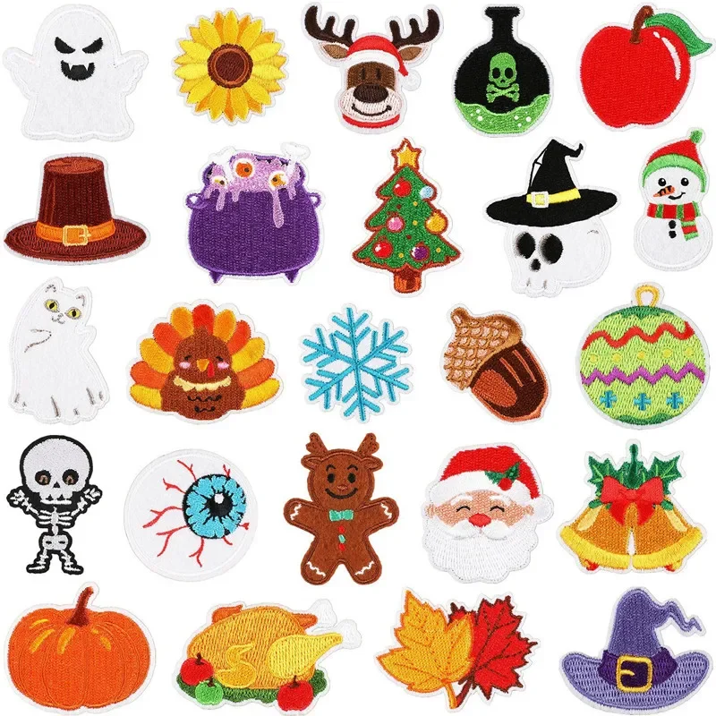 Thanksgiving Christmas Halloween Skull Ghost Cat Embroidered Garment Accessories Cloth Sticker Patches Iron-on Bag Clothing