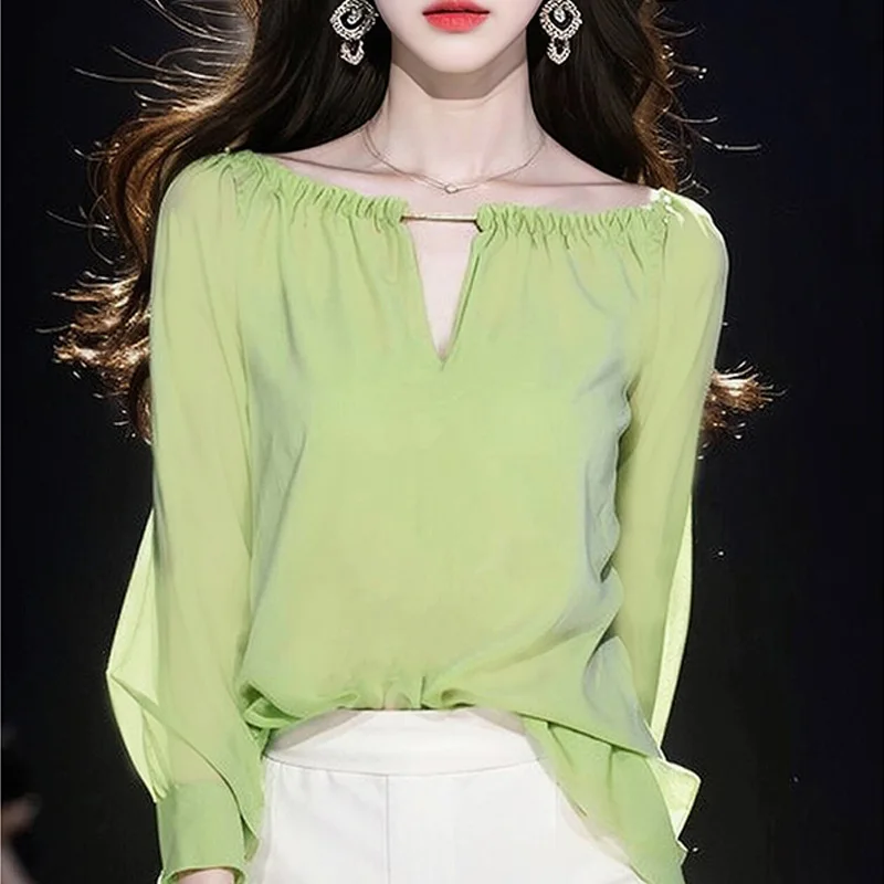 Зеленая шифоновая рубашка Boweylun с длинным рукавом для ранней осени, женские модные топы с круглым вырезом для девочек