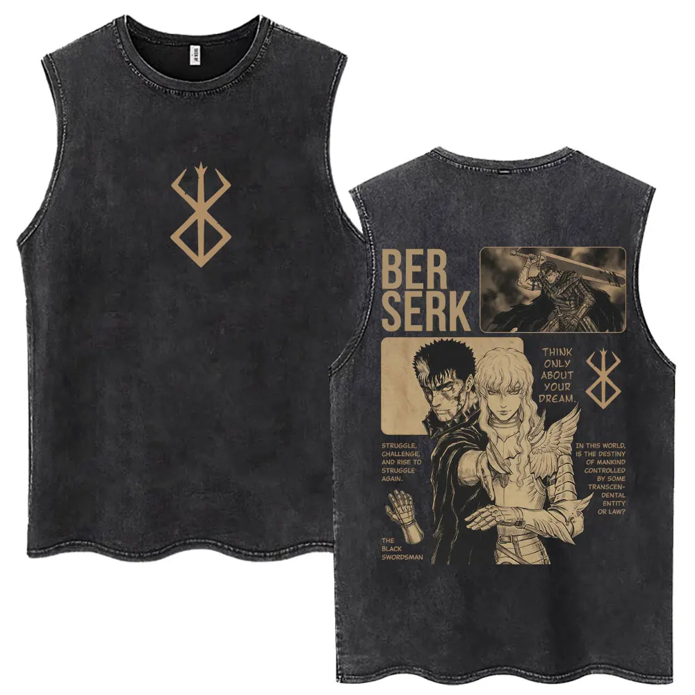 Débardeurs Anime Berserk Guts Lavés, T-shirts Sans Manches Vintage Manga Gatsu, Gilets Oversize en Coton pour Hommes et Femmes, Cadeaux