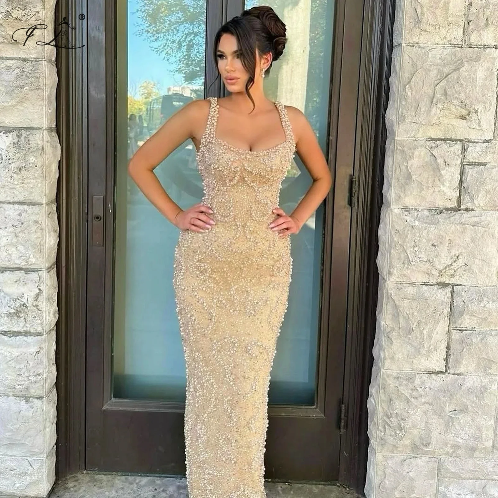 

Beaded Slip Evening Gown With Sequined Fishtail Dress Slit At The Back Tea Length Prom Dress