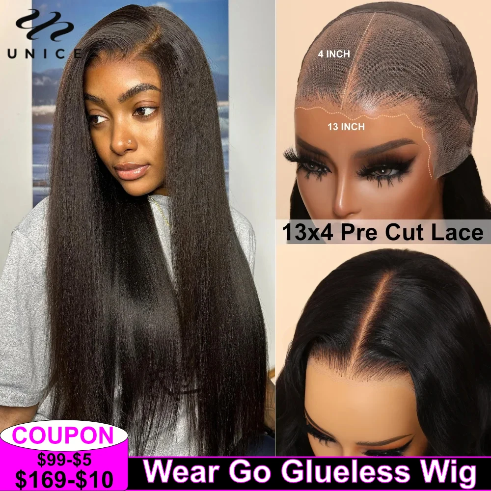 UNice Hair Pre Everything 13x4 Lace Frontal Wig Human Hair Yaki Straight Wear Go Glueless Wig Pre Bleached 7x5 Lace Closure Wig