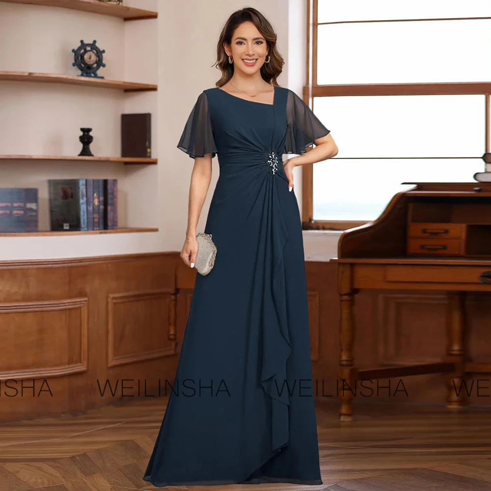 Vestidos elegantes para mamá de boda, vestido de fiesta de boda de gasa con corte en A, azul marino, con cuello en V, diamantes de imitación, plisado, vestido largo para madre del novio