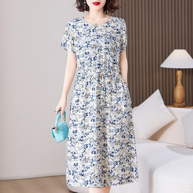 Elegant Long Dresses for Women 2024 New Loose Short Sleeve Vintage Dress Female Korean Clothing High Quality