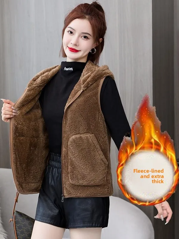 Gilet Double face en corail Fce pour femme, vêtement d'extérieur, ample, à capuche, pour les déplacements polyvalents, automne et hiver